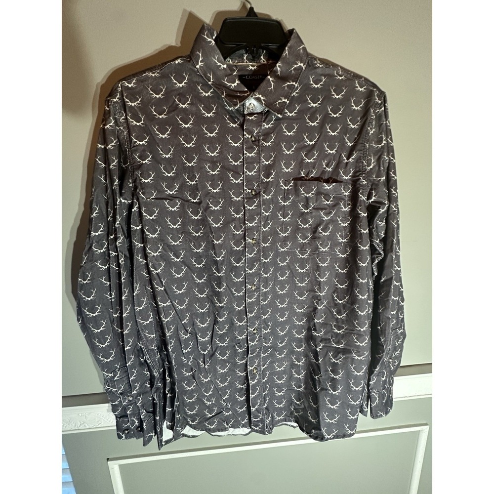 COAST HARBOR Men's Long Sleeve Button Up Shirt Antler Print Charcoal Gray Size L